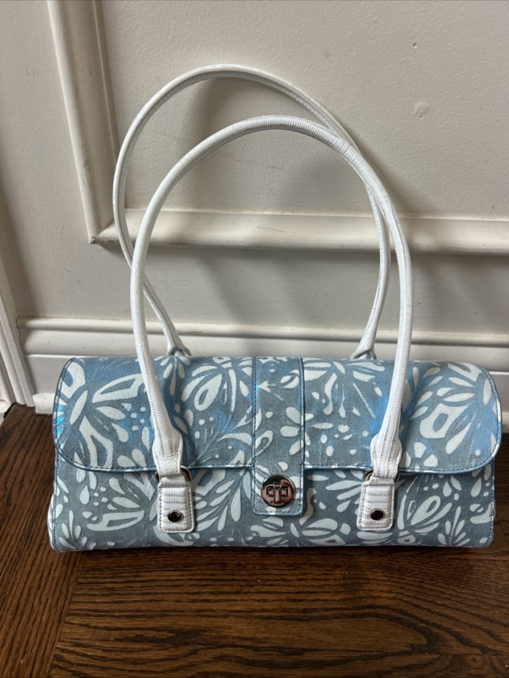 NWT $415 Brahmin Dayan Bellbottom Blue Lucent Satchel Leather white blue